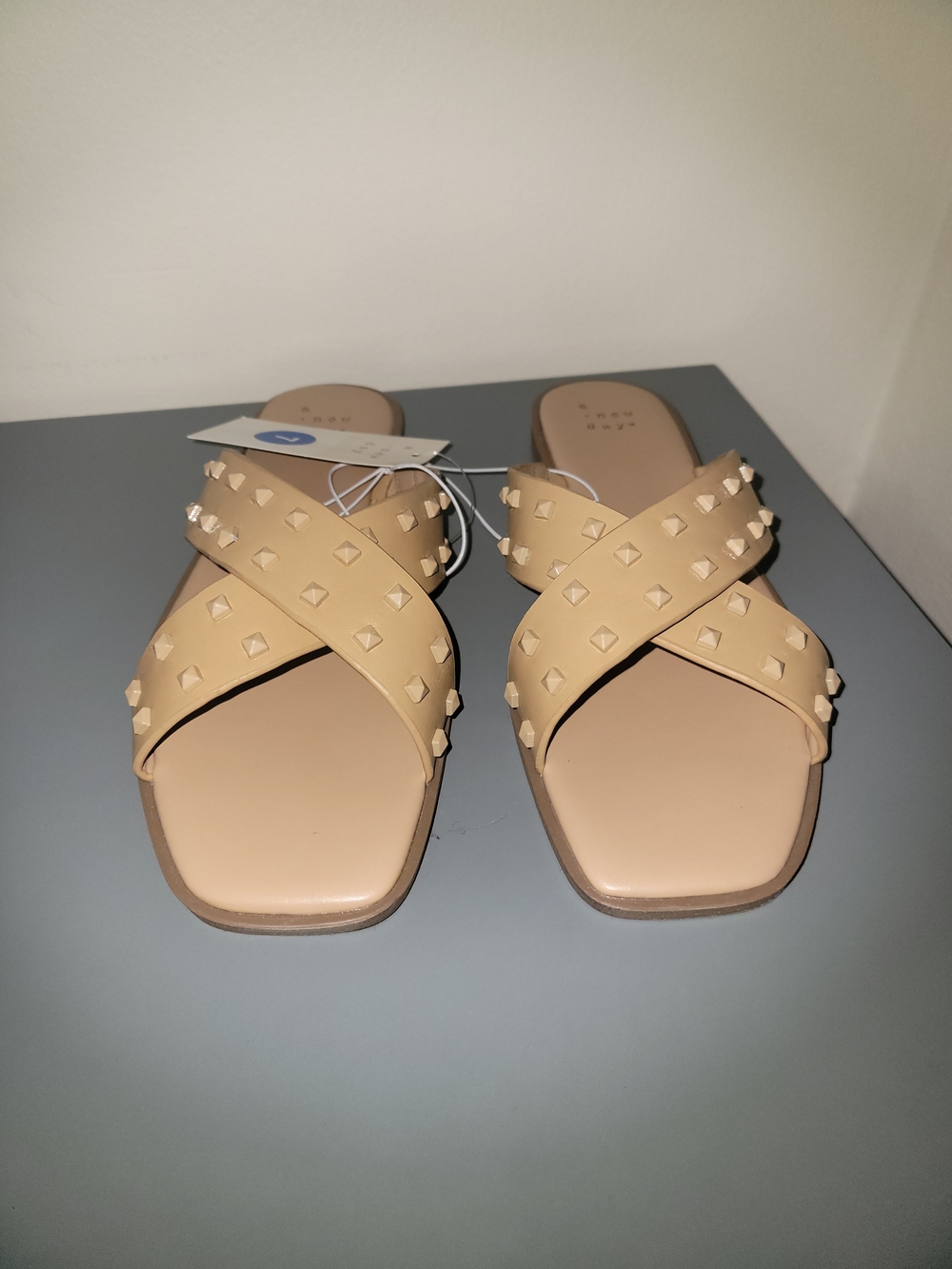 A new day Tan Studded Crisscross Slide Sandals
